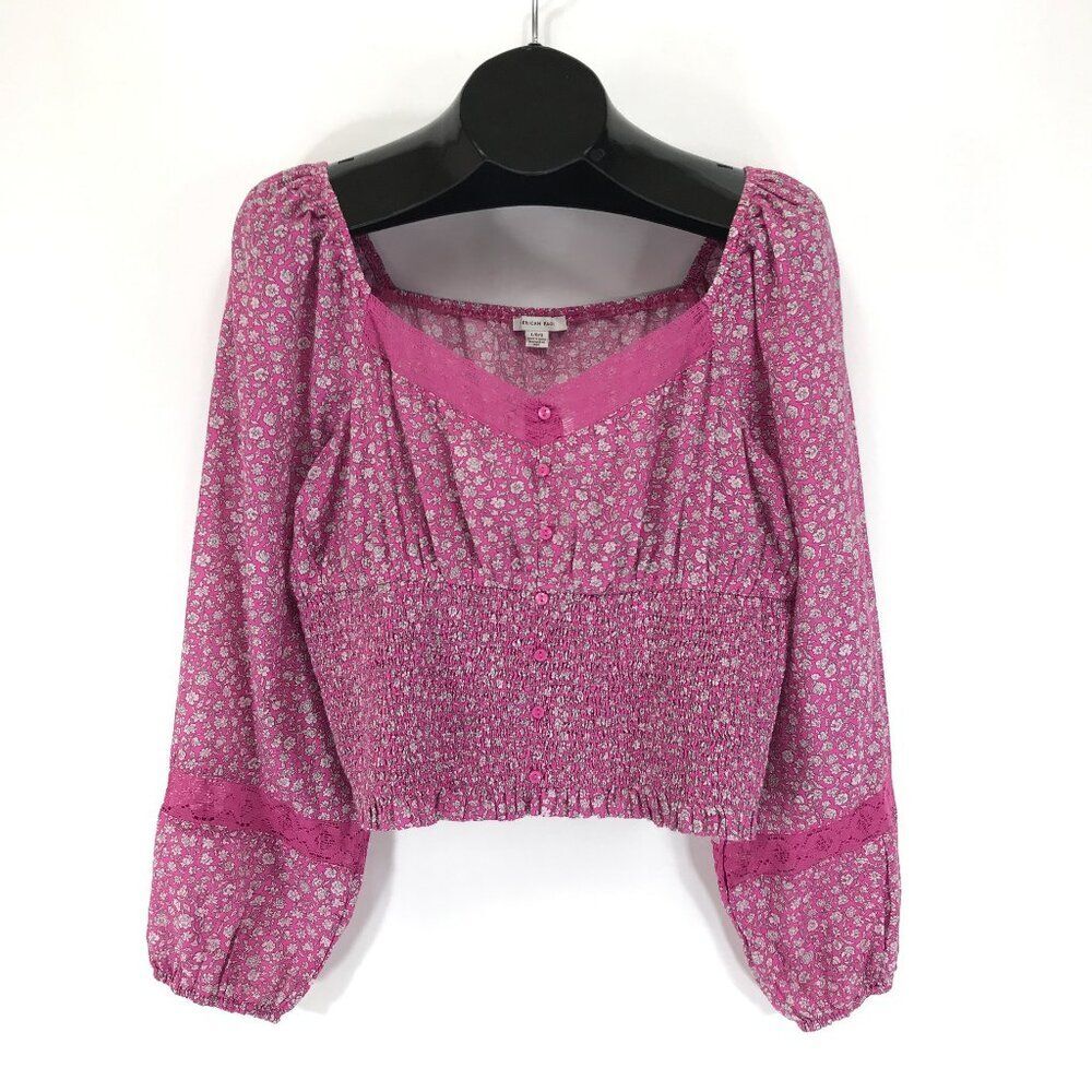 NEW American Eagle Floral Cropped Peasant Blouse Women's Large Smocked Bohemian